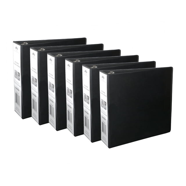 6/Pack 3" D-Ring Binder by Moustache, designed for office supplies and document organization. Each binder features 3-inch back-mounted D-rings for flat page alignment, two interior pockets, and a letter-size format in black. Dimensions are 11" H x 8.5" W, suitable for heavy-duty use.