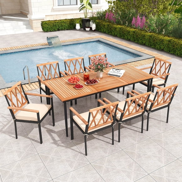 Costway Ensemble de Salle à Manger de Patio 9 Pcs Table avec Trou pour Parasol de 1,9 Pouces et 8 Chaises de Salle à Manger Extérieur