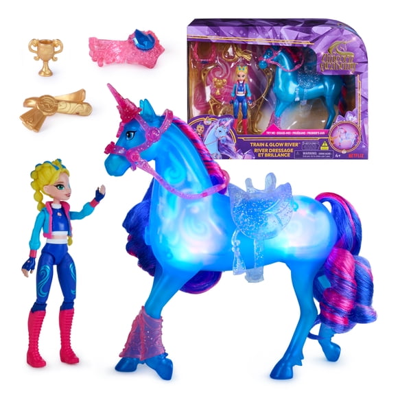 L'École des licornes, River dressage et brillance avec Isabel, 3 accessoires de dressage et effet lumineux, poupées et licornes pour filles à partir de 4 ans