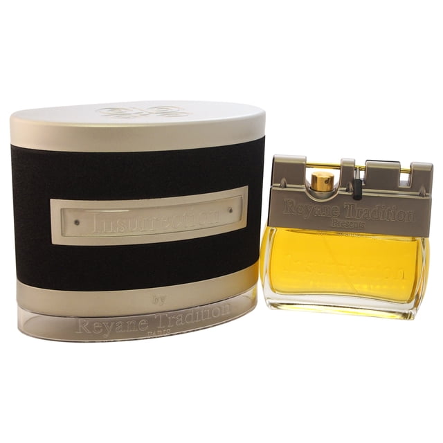 Insurrection par Reyane Tradition pour Hommes - Vaporisateur EDT 3,3 oz. un Parfum Masculin aux notes Boisées et Vanille, Conçu pour une Tenue Décontractée et une Fraîcheur Durable. l'Image Affiche l'Eau de cologne de Couleur Ambre dans une Bouteille Rectangulaire en Verre avec un Bouchon Métallique, Accompagnée de Son Emballage Noir et Argent.