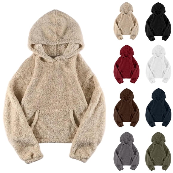 CFLVAEK Chandails à Capuche Duveteux pour Femmes, Thermique, d'Hiver, Doublé en Molleton, Chandail à Capuche à Enfiler, Confortable, à Manches Longues, Chandails à Capuche avec Poche, Noir, TTG
