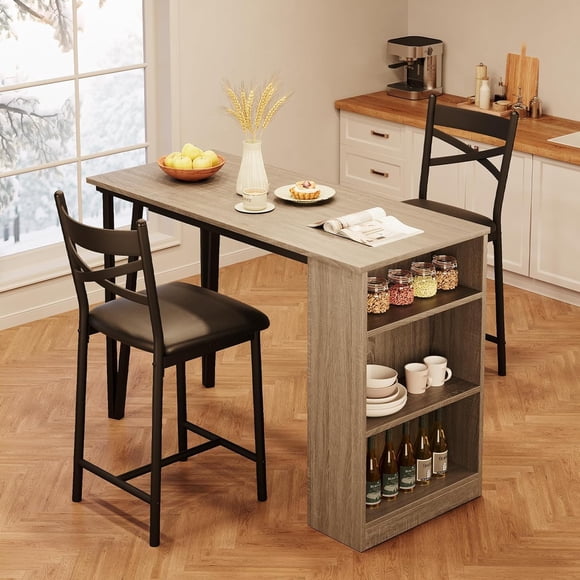 Bingirl Expandable Dining Table Set for 2: 3 - Piece Counter - Height Kitchen Bar Table with Upholstered Chairs and Storage for Small Spaces (Grey)