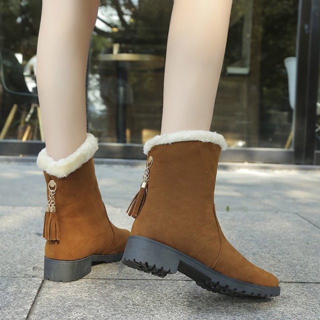Bottes de Neige en Suède d'Hiver pour Femmes, Bout Rond Chaud avec Polaire Plate, Tube Moyen à Franges