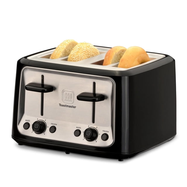 Toastmaster 4 Slice Toaster with black and stainless steel finish, featuring four wide slots holding two sesame seed bagels and two plain bagels. Includes dual adjustable browning controls, bagel and frozen function buttons, high-rise toast levers, hinged crumb tray, and cool-touch exterior for safety.