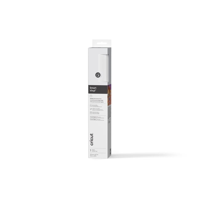 Cricut® Smart Vinyl™ Matless Permanent Vinyl (12 ft), White roll in tall rectangular packaging with white and black design, featuring no mat needed, water- and UV-resistant vinyl ideal for craft vinyl and die cutting projects, sized 13 in x 12 ft (33 cm x 3.7 m), optimized for Cricut cutting machines and suitable for personalized outdoor signs and durable crafts.