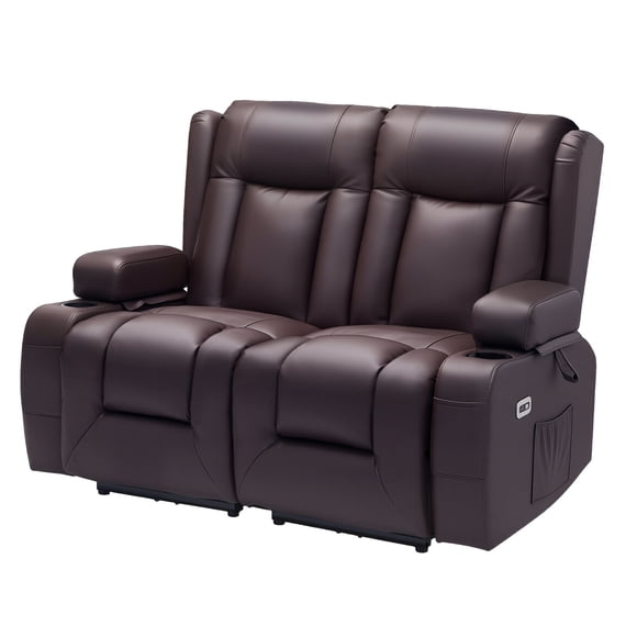 KFFKFF Loveseat Recliner Sofa, Power Reclining Couch with Heating & Massage and Timer, PU Leather Electric Recliner Sofa with USB Ports, Cup Holders and Side Bags