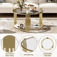 thumbnail image 4 of Table Basse en Verre de 31,5 Pouces avec Rangement, Table Centrale Ronde avec Tablette, Table Basse Ronde à 2 Niveaux pour Salon Moderne avec Miroir Clair, Base Tambour Circulaire en Métal, Fini Or et Tablette Inférieure, 4 of 7