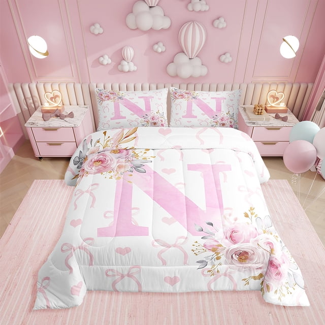 Erosebridal Ensembles de Literie Rose Initiale N Très Grand avec Couette, Insert de Couette de la Saint-Valentin, Décor Romantique de Roses, Réversible 3 Pcs