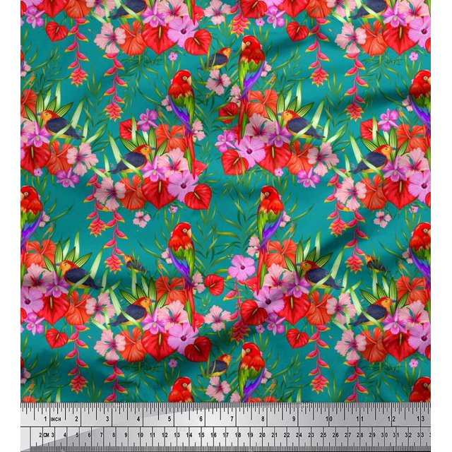 Soimoi Green Polyester Crepe Fabric Laceleaf & Macaw Parrot Bird Print Fabric by The Yard 42 Inch Wide