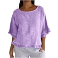 thumbnail image 1 of Plebaso Women's Cotton Linen T-Shirts Ruffle Sleeve Crew Neck Tee Shirts Solid Color Lightweight Tees Tops, 1 of 7
