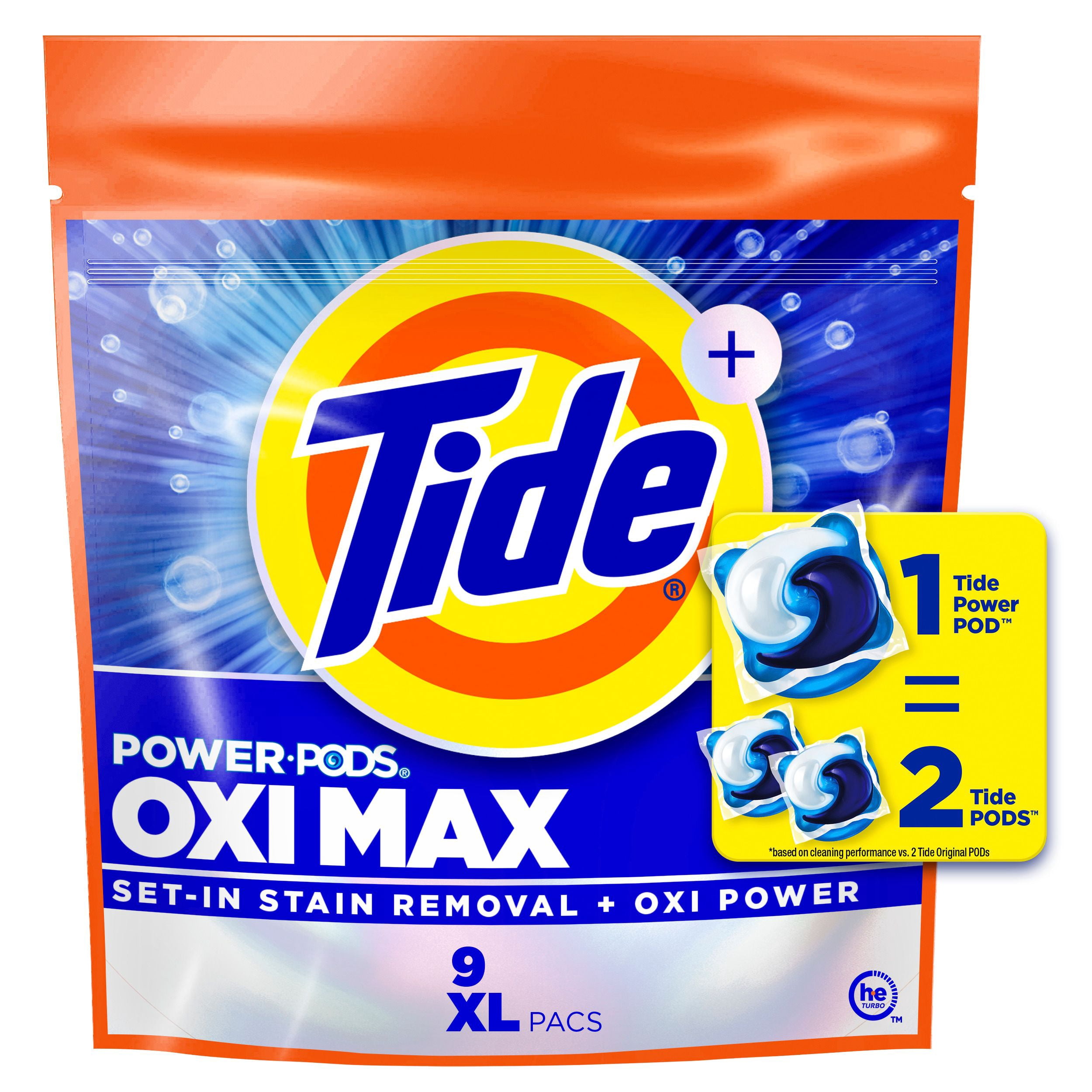 Tide Oxi Max Power PODS Laundry Detergent Pods, Stain Remover Plus Oxi Power, Detergent soap pacs for laundry washing, HE compatible, 9 Count