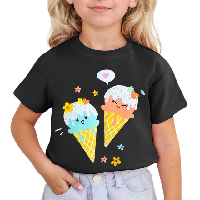 HNMKIU T-Shirt à Manches Courtes Imprimé Mignon pour Filles à Col Rond pour Enfants T-Shirt Graphique Haut pour l'Été Confortable pour Tous les Jours Tenue Active Stylée pour Filles