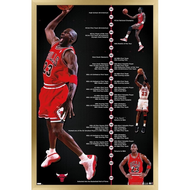 Michael Jordan - Timeline Wall Poster, 22.375" x 34" framed, displaying a black background with a vertical timeline of Michael Jordan's basketball achievements from 1981 to 2009. The poster includes three images of Jordan in his Chicago Bulls red jersey number 23: dunking, jumping with a basketball, and standing with hands on hips. The timeline highlights key milestones such as NCAA National Champion, NBA Rookie of the Year, multiple MVP awards, NBA Championships, and Hall of Fame induction. This framed poster features a satin finish and is suitable for home or office wall decor.