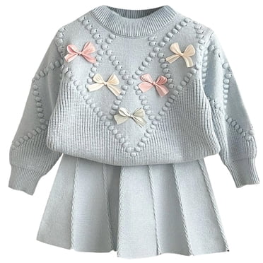 Zecgelong Girls Knit Sweater Set Winter Outfits For Toddler Kids Soft Comfortable Casual Dress With Bow Embroidery Elegant Two Piece Girls Clothing Sets