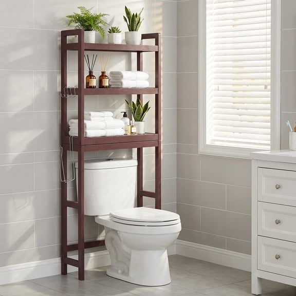 LEDREM Over The Toilet Storage Shelf, 3-Tier Bathroom Organizer Adjustable Saver Space Rack with Toilet Paper Holder,Brown