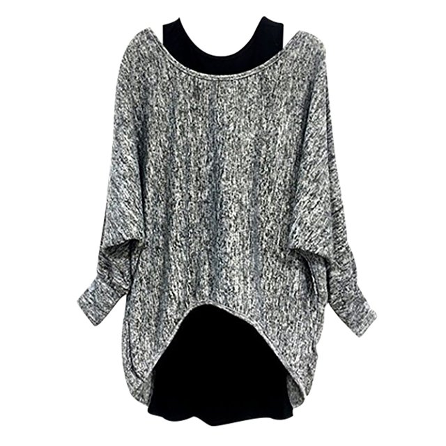 2PCS Fashion Women Batwing Long Sleeve T-Shirt Solid O-Neck Plus Size Tops