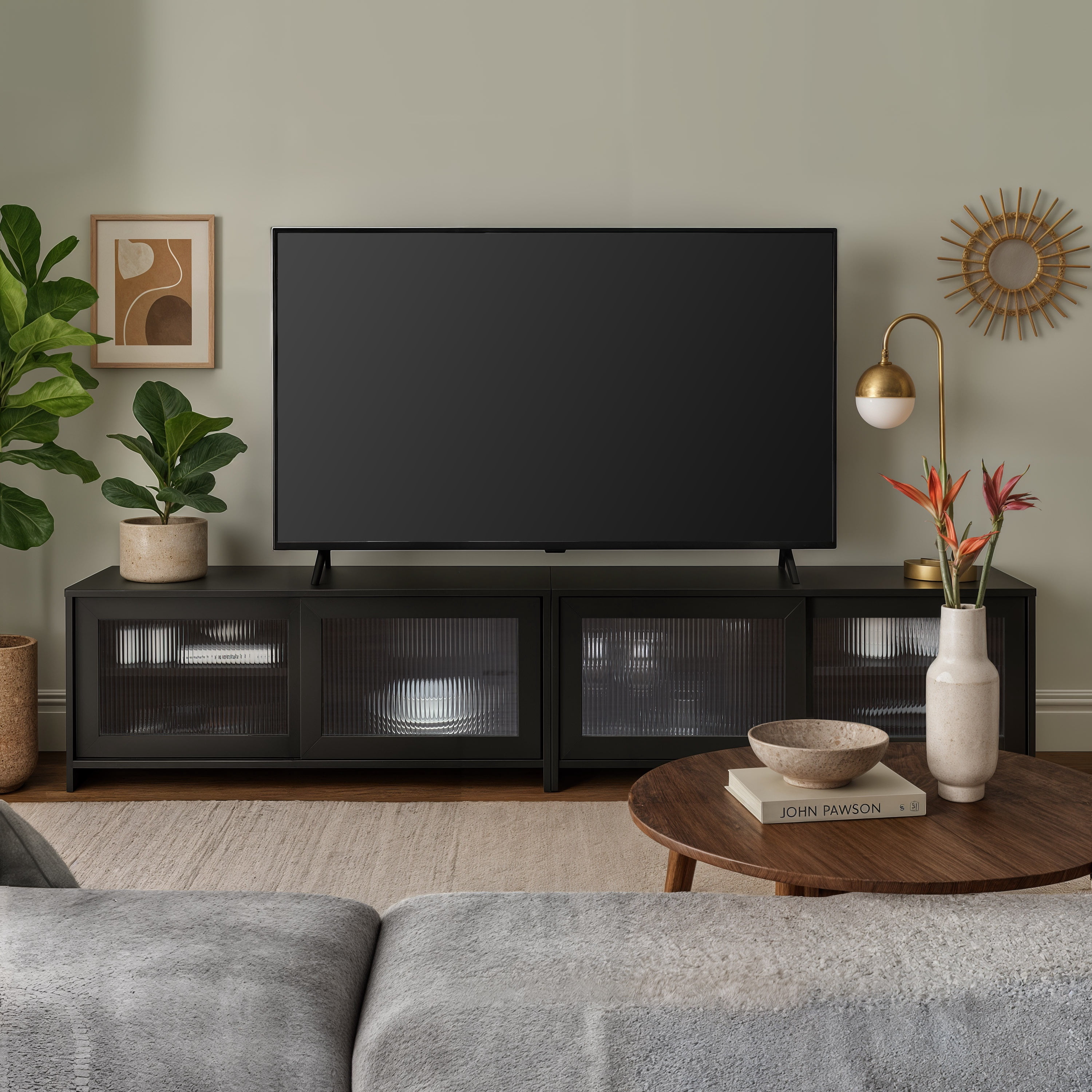 Meuble TV double modulaire CorLiving Ellis en bois d'ingénierie avec 4 portes vitrées cannelées, compatible avec la plupart des téléviseurs de plus de 95 pouces, noir