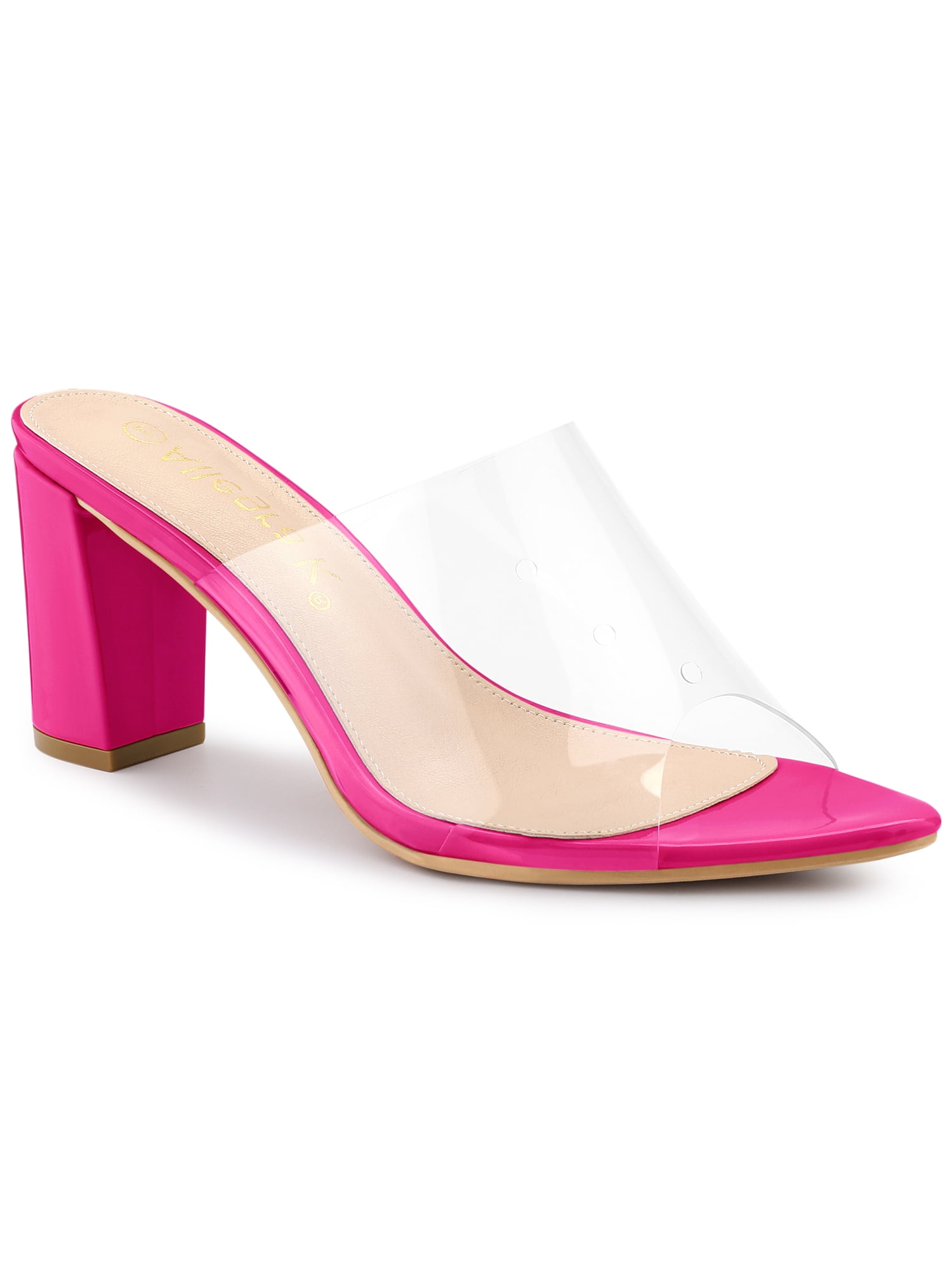 BLISSFUL STEP Women's Clear Point Toe High Block Heel Mules Slides Sandals Hot Pink 8