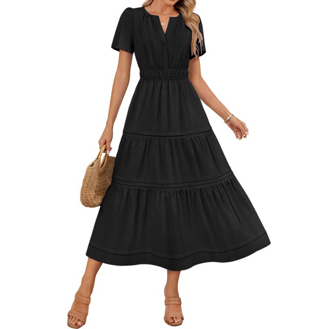 Meichang Robes Midi d'Été pour Femmes à Manches Courtes, Encolure en V Fendue, Taille Plissée, Robe Trapèze, Évasée, Décontractée, à Étages, Longue, Robes d'Invitée de Mariage