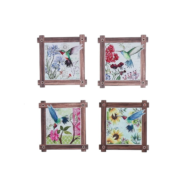 IH Casa Decor Carré de 8 Pouces en Céramique Trivet Colibri Asstd - Ensemble de 4 sous-Verres de table en Céramique avec Cadres en Bois, Chacun de 8 Pouces Carrés, Présentant des Colibris Colorés et des Motifs Floraux Incluant des Fleurs Bleues, Rouges, Roses et Jaunes, Convient à la Vaisselle de Cuisine et à la Décoration de table, Souvent Utilisé comme sous-Verres Décoratifs.