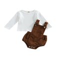thumbnail image 1 of Baby 2PCS Spring Romper Suit  Long Sleeve Plain Ribbed Crew Tops+ Buckle Shoulder Straps Snap Triangle Suspender Romper, 1 of 7