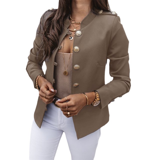 Innerwin Business Jackets V Neck Women Blazers Work Solid Color Slim Fit Cardigan Jacket Khaki L