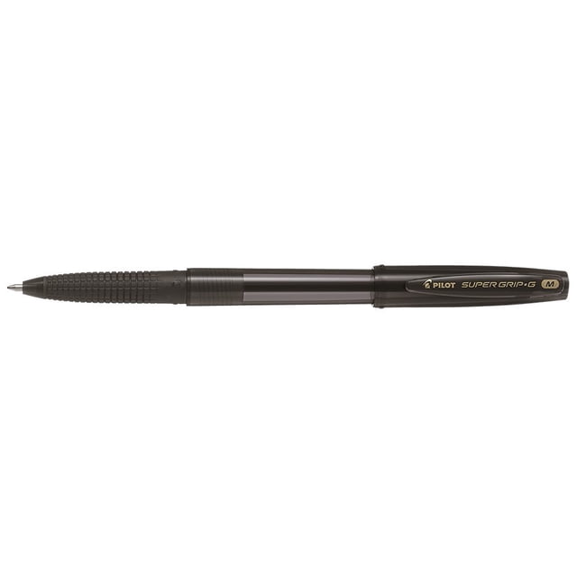PILOT BPS-GG-M-BK Super Grip G ballpoint pen with a medium point in black. Features a new grid pattern grip for comfortable writing and oil-based ink for ultra-smooth, smear-resistant performance. Refillable design. Single pen shown in a side view.