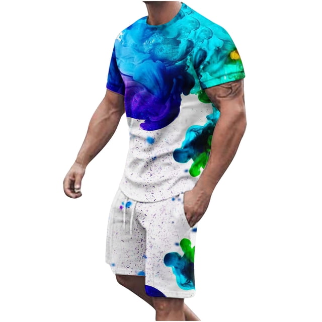 Men Print Short Sleeves Casual Beach Short Sleeve Round-Neck Blouses & Sets