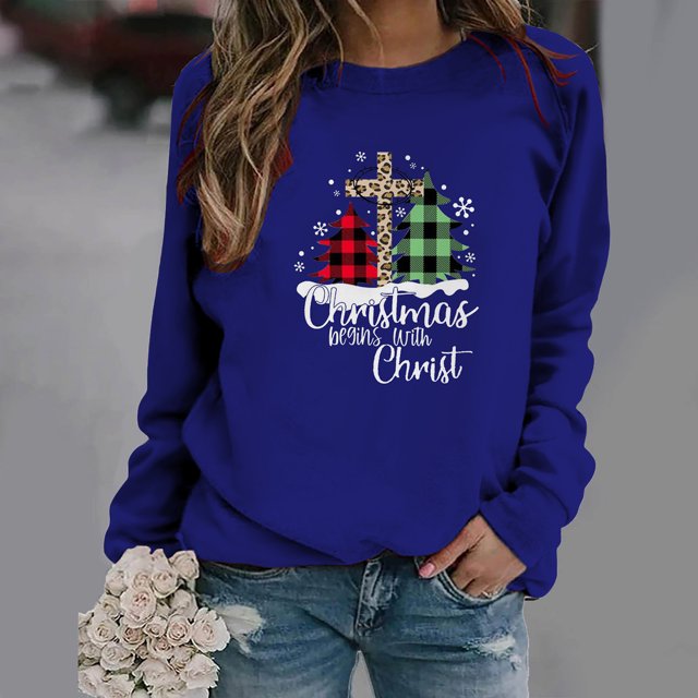Sweatshirt de Noël pour Femmes 2023 Hauts Imprimé de Noël Col Rond Pull Blouse Ample Sweatshirt Sans Capuche en Solde