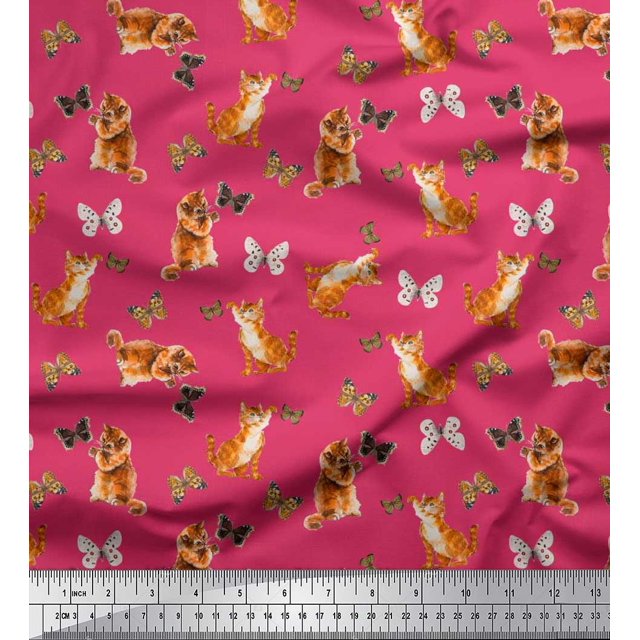 Soimoi Pink Moss Georgette Fabric Insect & Cat Animal Print Fabric by The Yard 42 Inch Wide