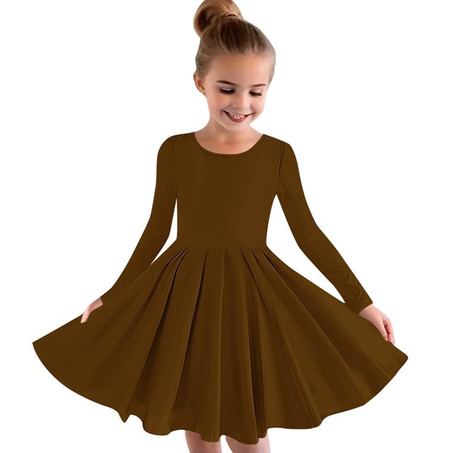 MeetoTime Robe de Performance pour Filles à Manches Longues, Couleur Unie, Col Rond, Extensible, Robe de Récital Scolaire, 4-14 Ans, Vêtements pour Enfants