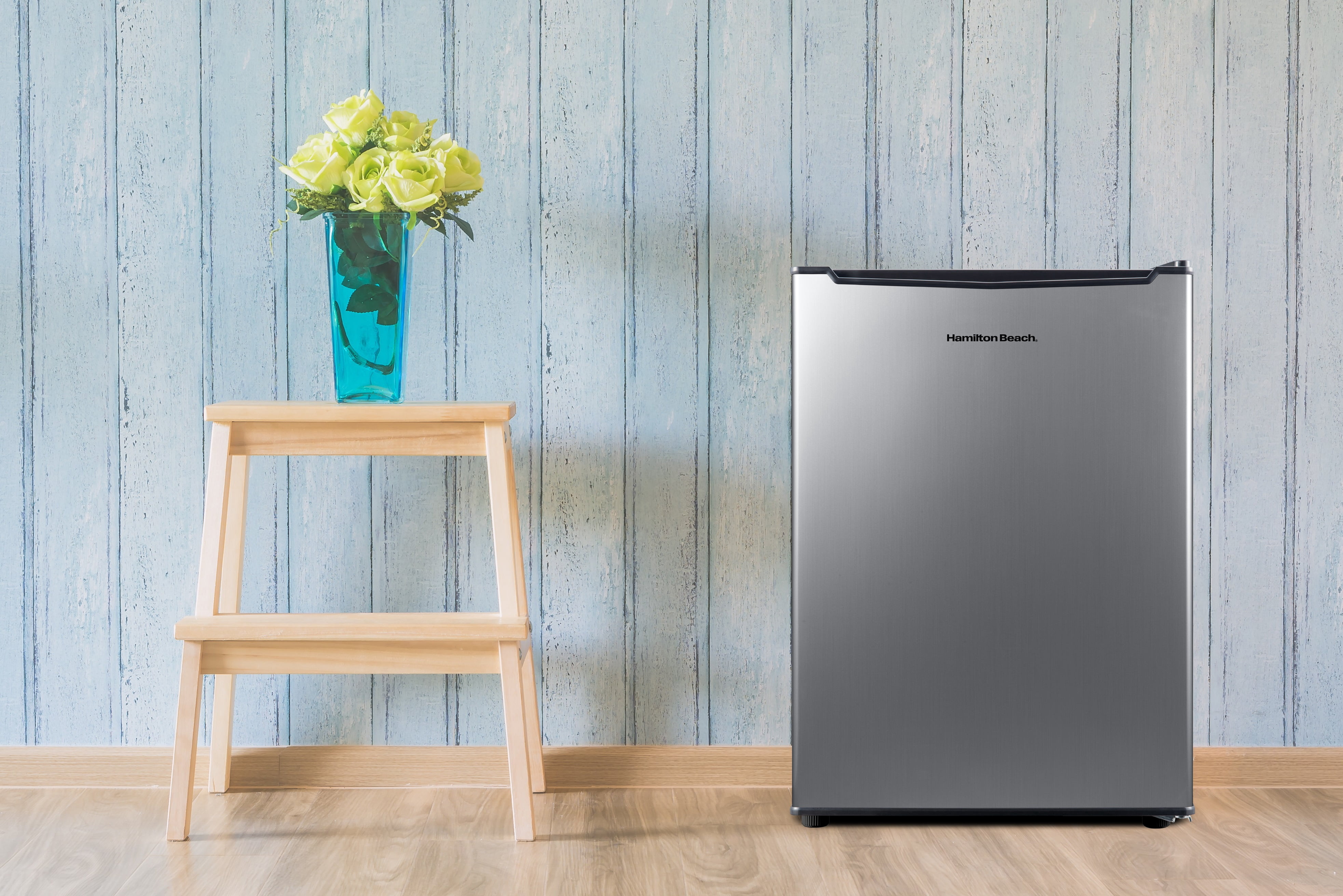 Hamilton Beach 2.5 Cu.Ft Mini Fridge, Compact Refrigerator, Single Door, Adjustable Glass Shelves, Reversible Door, Stainless Steel