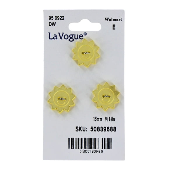 LA VOGUE Buttons, Natural Material - 3 pieces, 15 mm (9/16 in), Sun