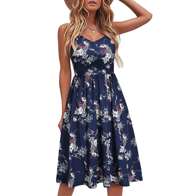 Robes Décontractées pour Femmes Sans Manches en Coton Robe d'Été de Plage Ligne A à Bretelles Spaghetti Robes Soleil avec Poches