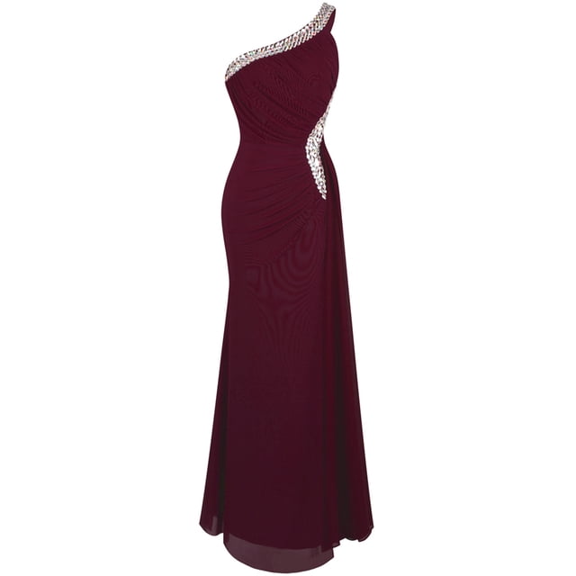 Angel-fashions Women's One Shoulder Ruching Beading Ribbon Soft Evening Gown