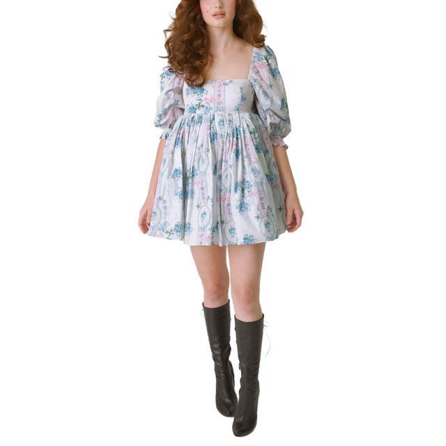 SAYOO Robe Femme Dos Nu Courte Princesse Robe à Bulles, Robe Mini à Manches Courtes Florale Robe Décontractée à Encolure Carrée Robe d'Été pour Femmes Robes Courtes de Rue pour Filles Robes de Plage Robes Courtes de Fée pour Adolescentes