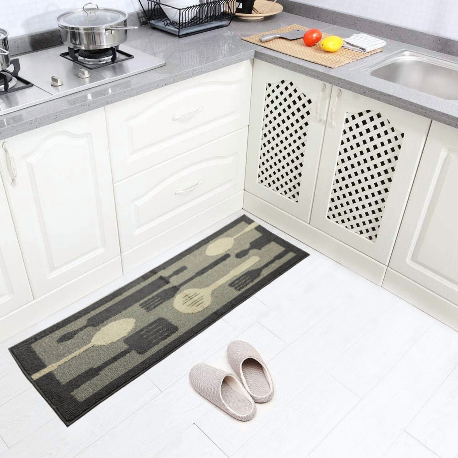 Décor Luxe Antidérapant Dos en Caoutchouc Sécurité Absorbant l'Eau Doux Durable Tissé Moelleux Tapis de Couloir Sol Intérieur Cuisine; Ustensiles Volants Gris Oblong; 20 x 48 Pouces