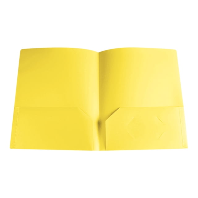 Plastic folders with pockets, heavy-duty and letter-sized, shown in a vibrant yellow colour. The folder features two interior pockets, including a dedicated slot for a business card. Designed for organizing documents in office or school settings, it offers durability, water resistance, and a stylish appearance.