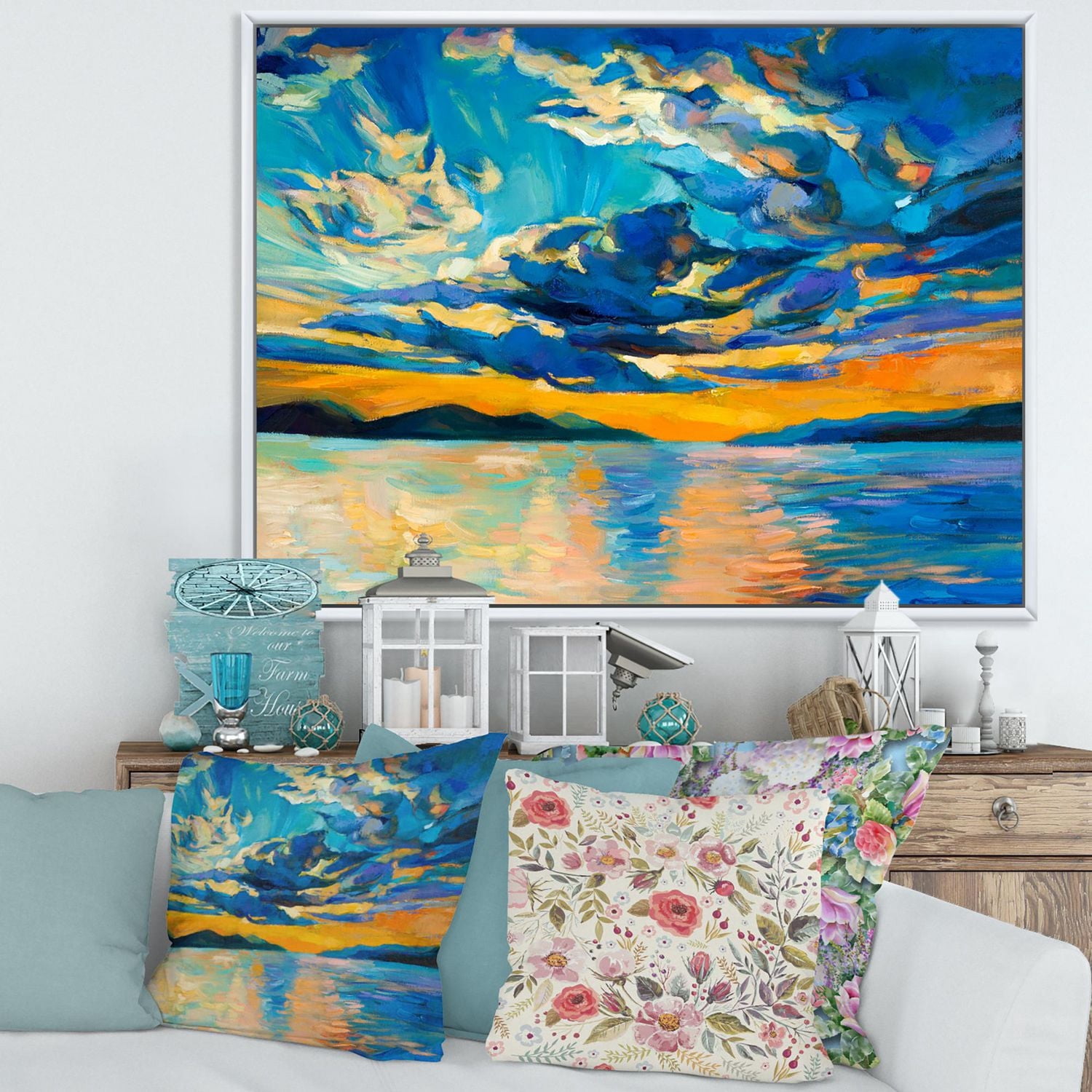Designart Nuageux grand ouvert coucher de soleil sur l'horizon l'océan ART MURAL À CADRE FLOTT