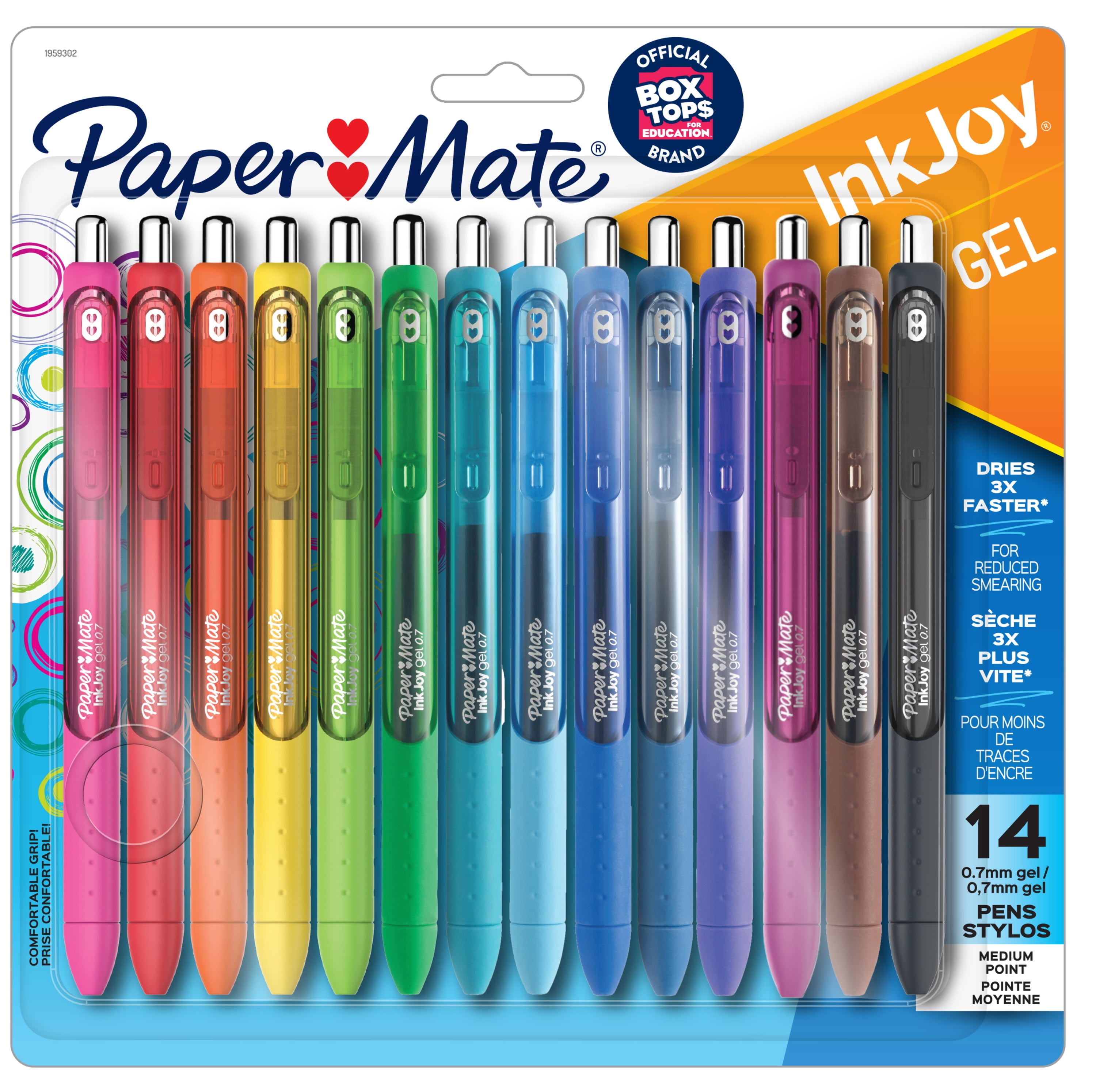 Stylos gel Paper Mate InkJoy, stylos rétractables, pointe moyenne (0,7 mm), couleurs assorties, 6 unités