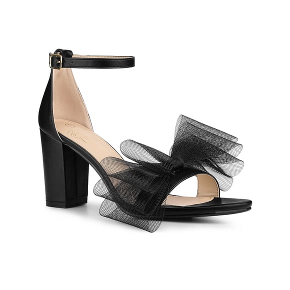 BLISSFUL STEP Women's Strappy Bow Tie Block High Ankle Heel Sandals Black 9.5