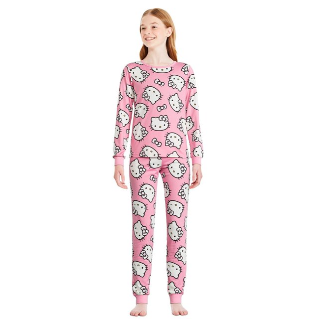 Girls' 2-piece pink Hello Kitty pajama set featuring long-sleeve top and matching pants with all-over Hello Kitty face print.