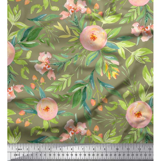 Soimoi Green Cotton Jersey Fabric Leaves & Ranunculus Floral Print Fabric by Yard 58 Inch Wide