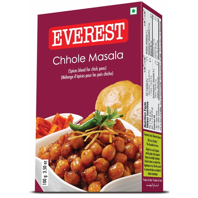 Everest Chhole Masala 100g box displaying a traditional Indian spice blend for chickpeas with a close-up of cooked spiced chickpeas garnished with green chili and cilantro in a white bowl, served with puffed bread on a maroon background, including nutrition facts and preparation instructions on the side panel.