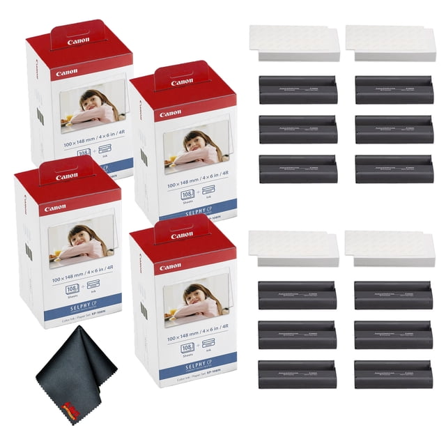 Canon KP-108IN Color Ink and 4 x 6 Paper Set bundle, featuring 432 sheets of postcard-sized photo paper and 12 ink cartridges, displayed alongside a cleaning cloth. The set includes four packs, each containing 108 sheets and three ink cassettes, compatible with Canon SELPHY printers such as CP1500, CP1300, and others. Designed for vibrant, smudge-free, and water-resistant prints using dye sublimation technology, this bundle is ideal for personal and professional use.