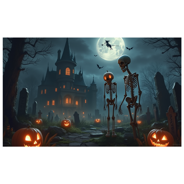 Spooky Scene Halloween Banner Gothic Theme Pumpkin Lantern Skeleton Design Cemetery Setting for Halloween Party Event Decor