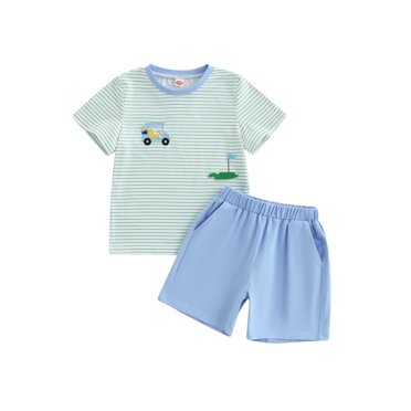 Honganda Ensembles d'Été pour Garçons Enfants Golf Élément Broderie Col Rond T-Shirts Manches Courtes Shorts Taille Élastique Ensemble de Vêtements 2 Pcs