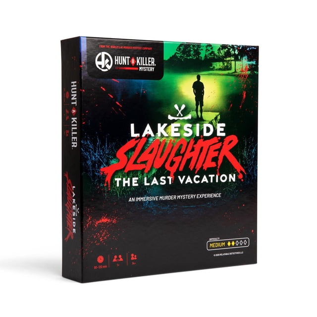 Hunt A Killer: Lakeside Slaughter, Interactive Murder Mystery Game box showing a silhouetted figure standing on a dock by a green-lit lake at night, with bold red and white title text, designed for ages 14+, 1+ players, 90-120 minutes gameplay, and medium difficulty.