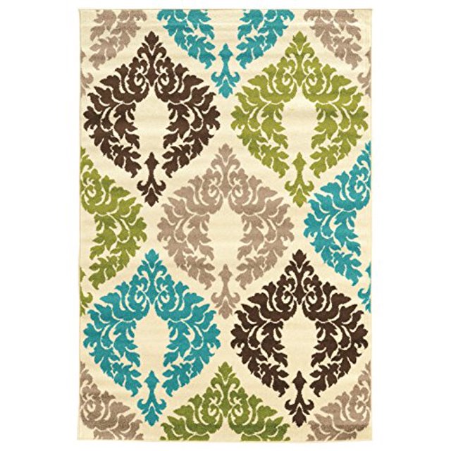 8X10 CLAREMONT Tapis Damassé de Forme Rectangulaire avec un Motif Géométrique Damassé Transitionnel en Ivoire, turquoise, Vert, Brun et beige, Fabriqué en Polypropylène 100 % durable avec une construction Tissée Mécaniquement et un Endos en latex, Convient pour Mettre en Valeur les Intérieurs de la Maison et Facile à Entretenir.