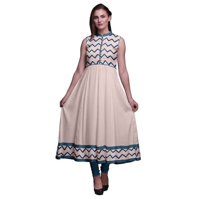 Bimba Robe Anarkali à Col Mandarin pour Femme, Rose Pâle, Imprimé Géométrique, Designer, Ethnique Indienne, Kurta, Petit